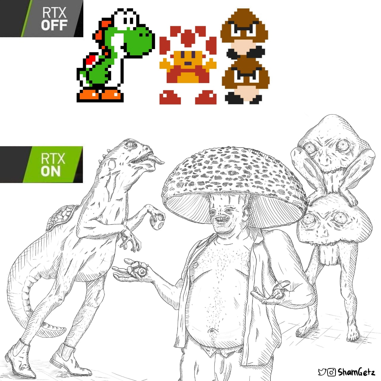 Персонажи Марио с RTX Мем про персонажей Super Mario с включенным и выключенным RTX