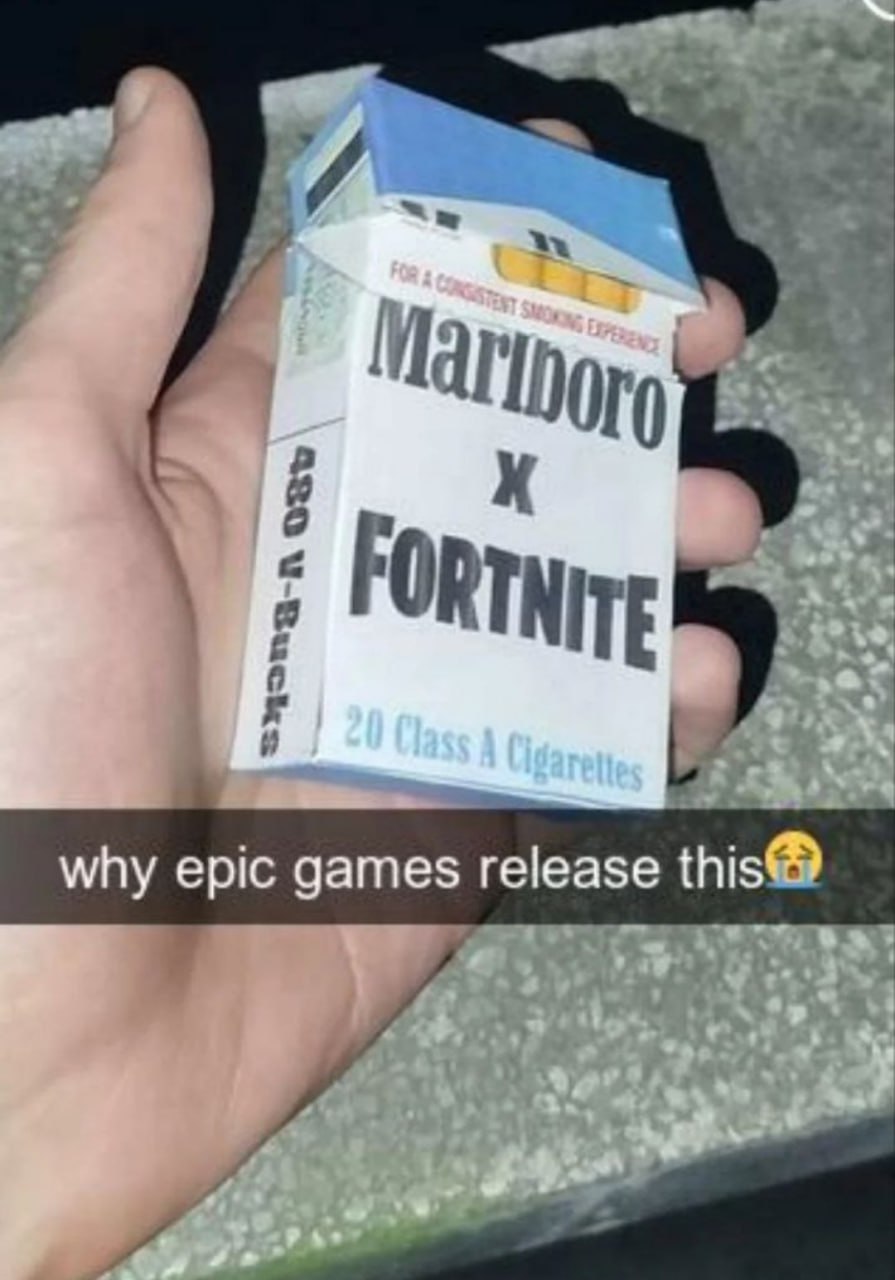 Marlboro X Fortnite сигареты Пачка сигарет Marlboro X Fortnite, с надписью "480 V-Bucks" и вопросом "Зачем Epic Games выпустили это?".