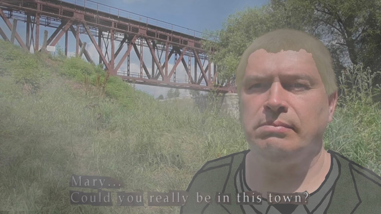 Мэри, неужели ты и правда в этом городе? Мем с мужчиной, похожим на Джеймса Сандерленда, который говорит «Мэри, неужели ты и правда в этом городе?» на фоне моста и зарослей травы.