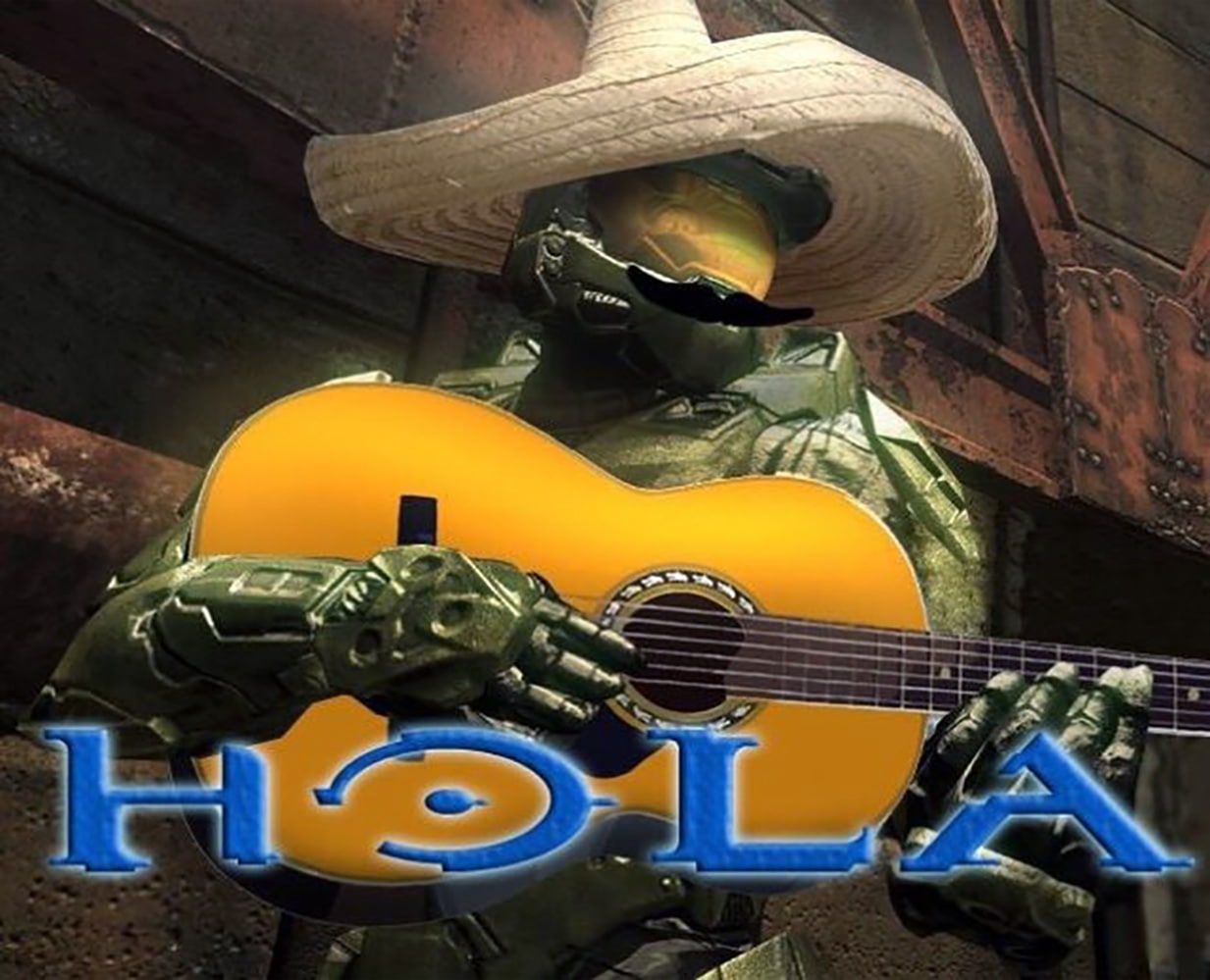 Мастер Чиф в сомбреро с гитарой Мастер Чиф из игры Halo в сомбреро и с накладными усами, играющий на гитаре, с надписью «HOLA» на переднем плане.