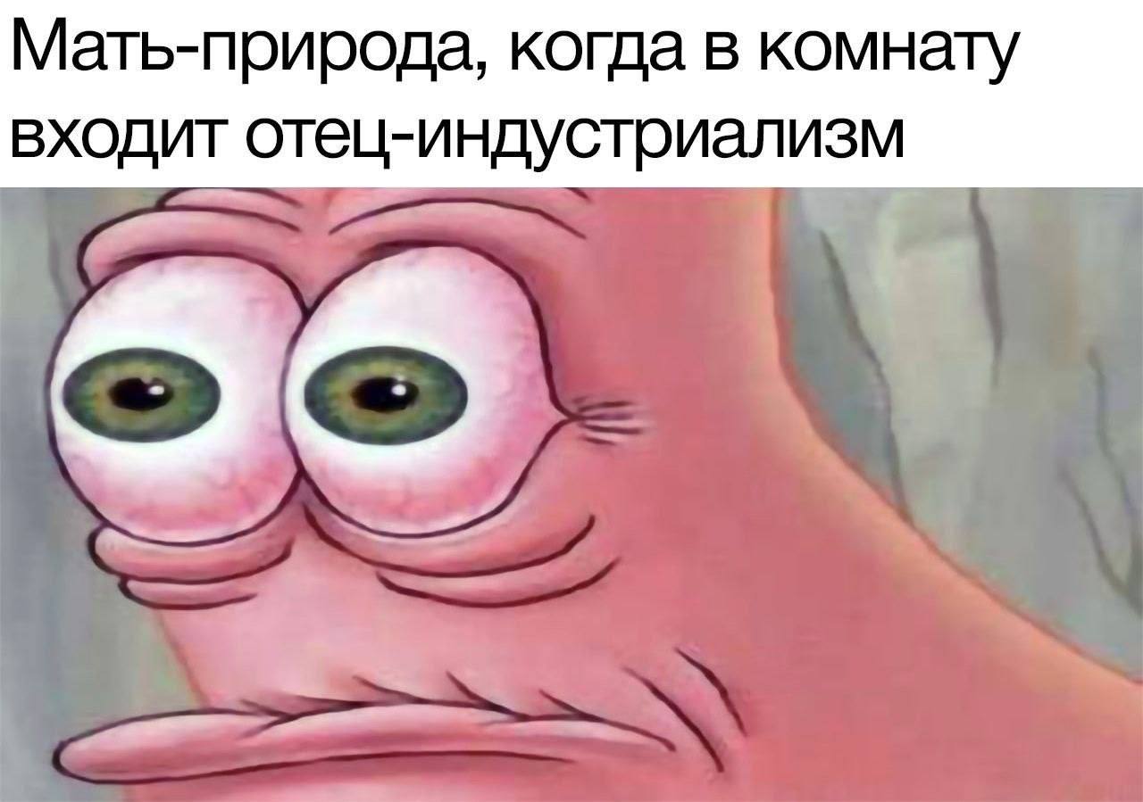 Патрик с расширенными глазами и надписью про мать-природу и отца-индустриализм, который входит в комнату.