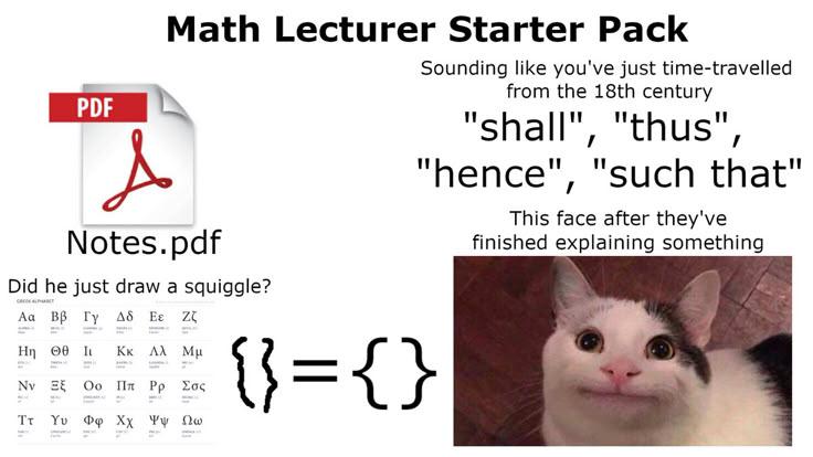Math lecturer starter pack Мем о типичных особенностях преподавателей математики, включающий PDF-конспекты, старомодные слова и лицо вежливого кота.
