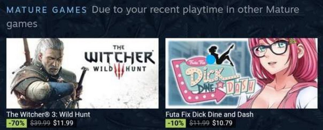 Зрелые игры в Steam На скриншоте из Steam сверху написано «Зрелые игры», а ниже показаны две игры: «Ведьмак 3: Дикая Охота» и «Futa Fix Dick Dine and Dash».