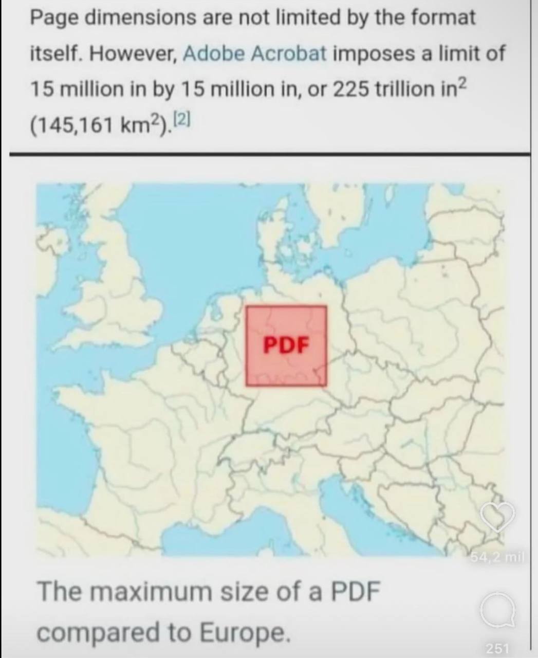 Максимальный размер PDF файла Сравнение максимального размера PDF файла с территорией Европы на карте