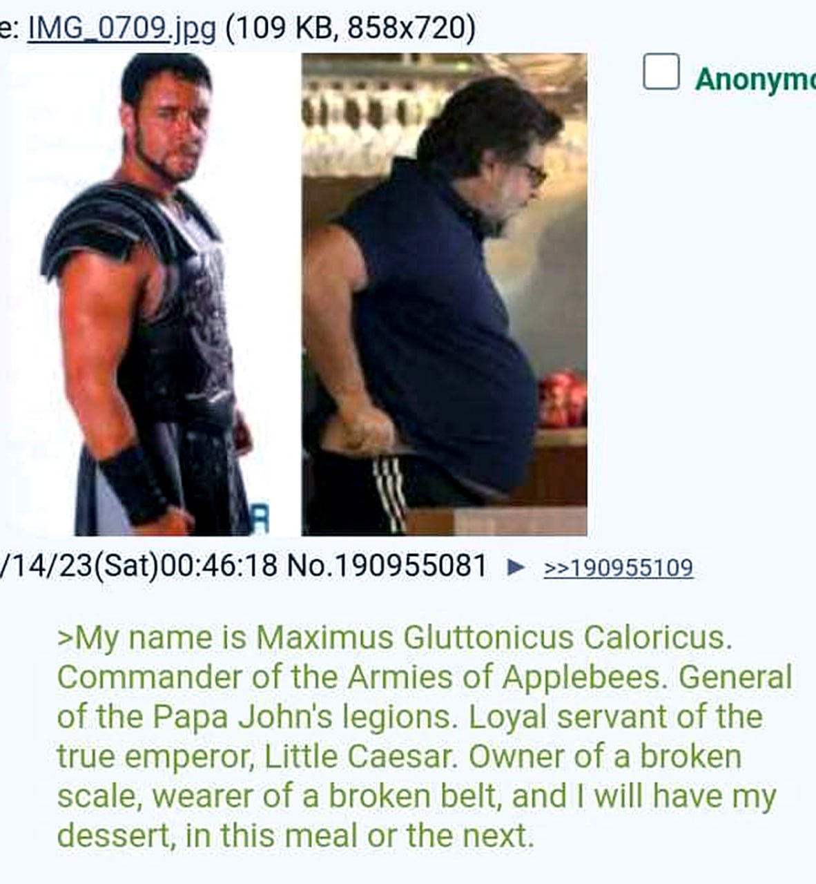 Maximus Gluttonicus Caloricus Фотоколлаж Максимуса гладиатора и тучного мужчины с пародийным текстом