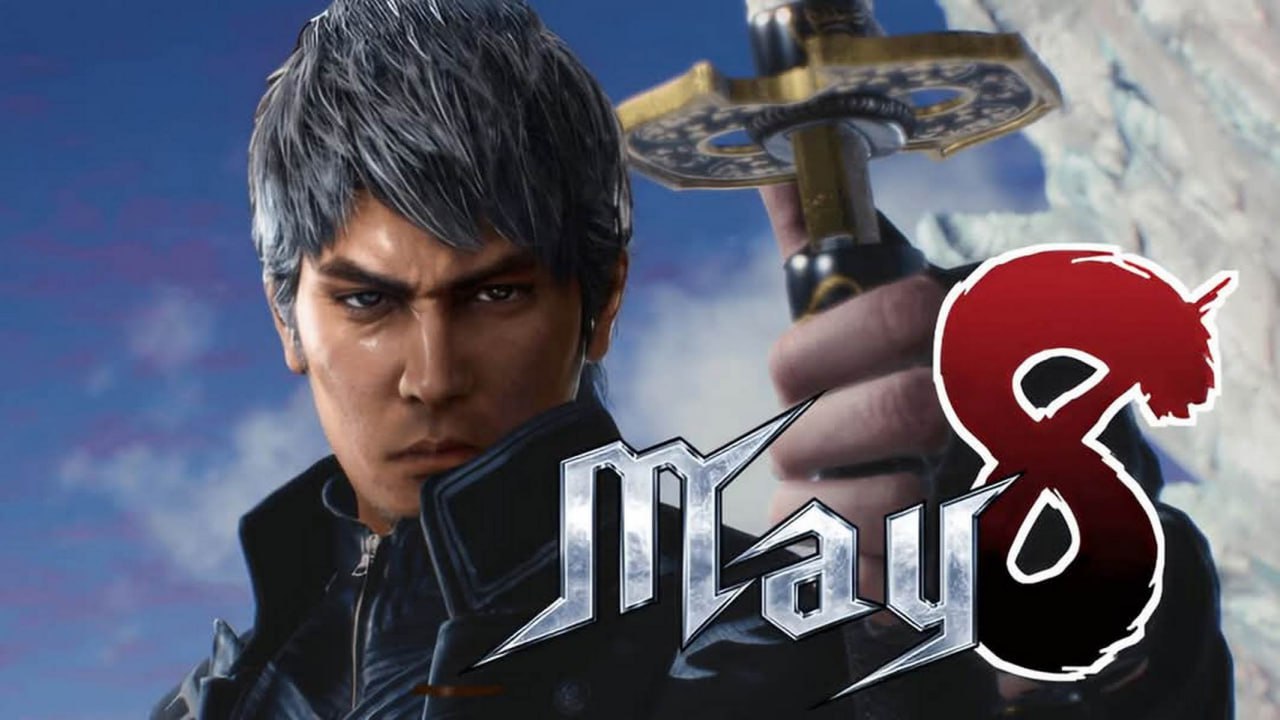 Мэй 8 Мэй 8, скриншот из игры, возможно, Devil May Cry, с мужчиной, держащим меч и текстом «May 8»