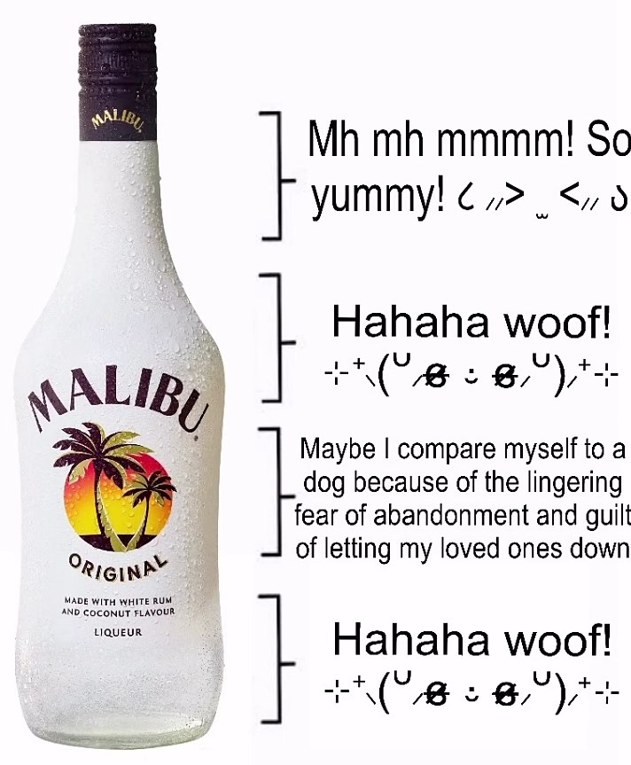 Бутылка Malibu сначала довольно говорит, что напиток вкусный, затем лает и неожиданно признаётся в страхе быть брошенной и чувстве вины перед близкими.