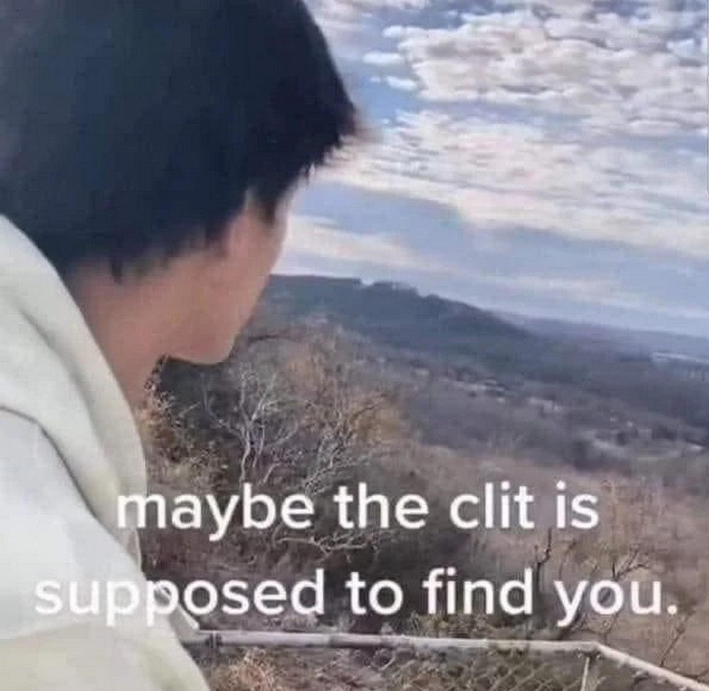 Maybe the clit is supposed to find you Человек смотрит вдаль с горы, а поверх изображения расположен текст: Maybe the clit is supposed to find you.