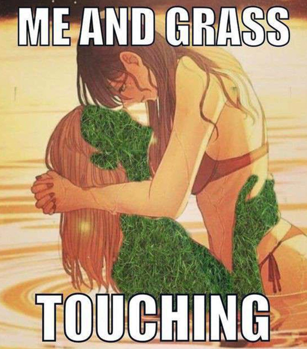 ME AND GRASS TOUCHING Две девушки обнимаются, одна из которых сделана из травы, с надписью «ME AND GRASS TOUCHING»