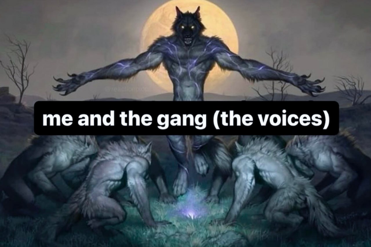 Me and the gang (the voices) Мем про меня и банду (голоса) с оборотнями на фоне полной луны, где главный оборотень стоит с раскинутыми руками над присевшими сородичами, а на переднем плане черная плашка с текстом "me and the gang (the voices)".
