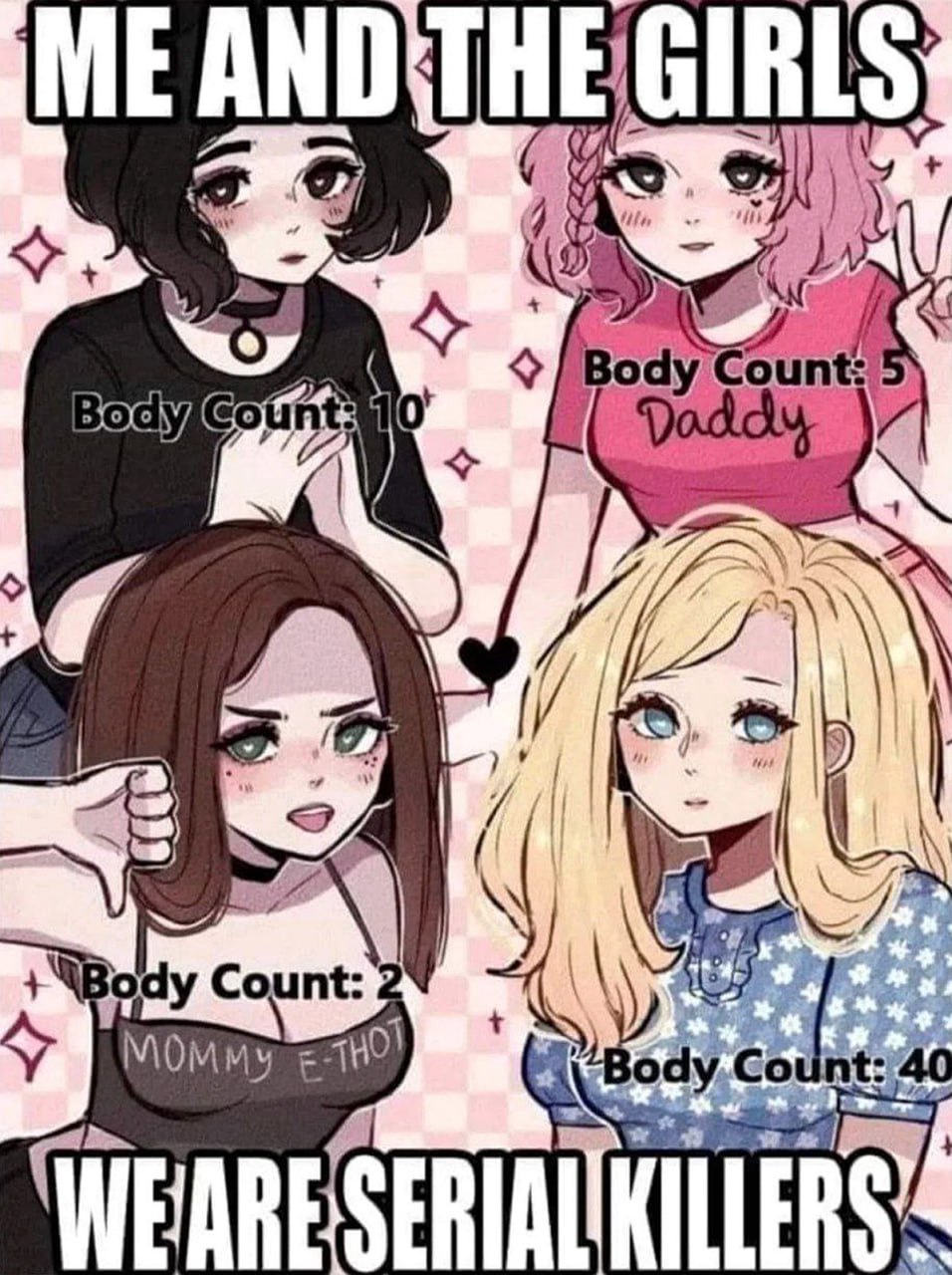 Me and the girls we are serial killers Мем с четырьмя аниме-девушками и их «Body Count», с подписью «Me and the girls we are serial killers»