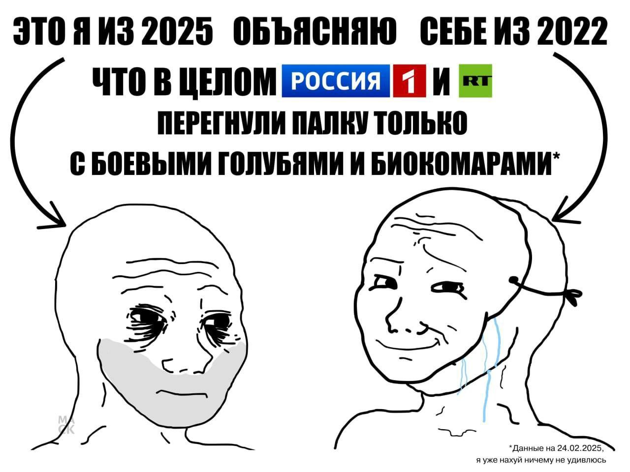 Это я из 2025 объясняю себе из 2022 Мем с двумя персонажами Wojak, один из которых из 2025 года объясняет другому из 2022 года, что "Россия 1 и RT перегнули палку только с боевыми голубями и биокомарами".