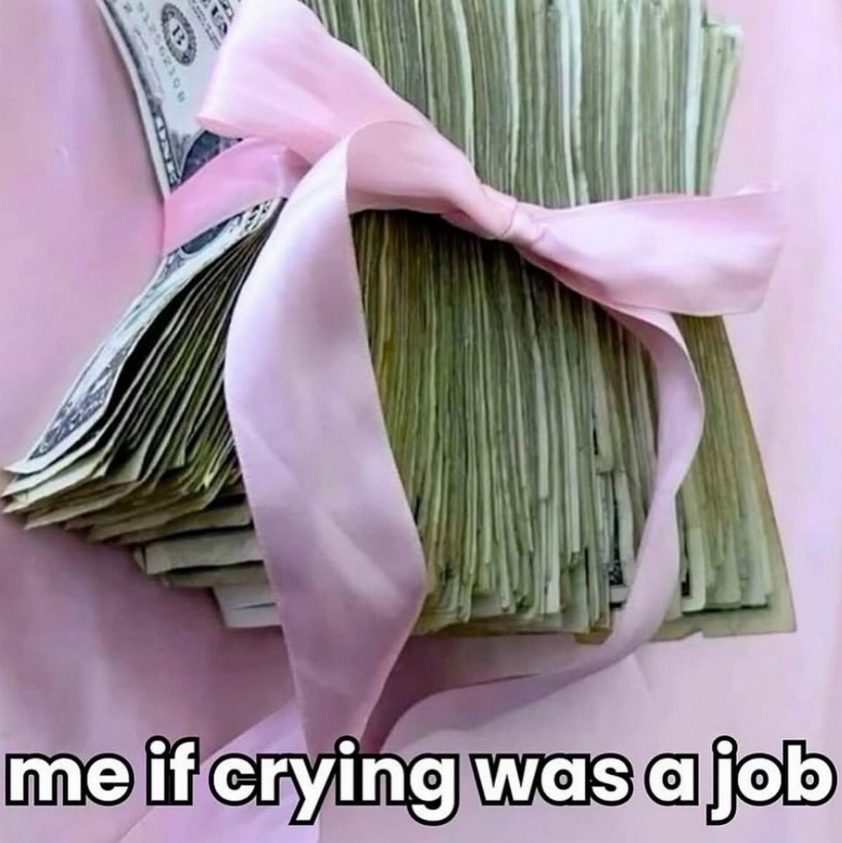 Me if crying was a job Мем с пачкой долларов и надписью "Me if crying was a job"