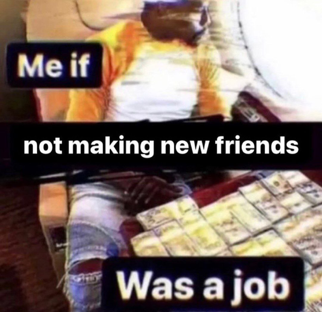 Me if not making new friends was a job Человек лежит на куче денег, а надпись на изображении гласит: «Я, если бы не заводить новых друзей было работой».