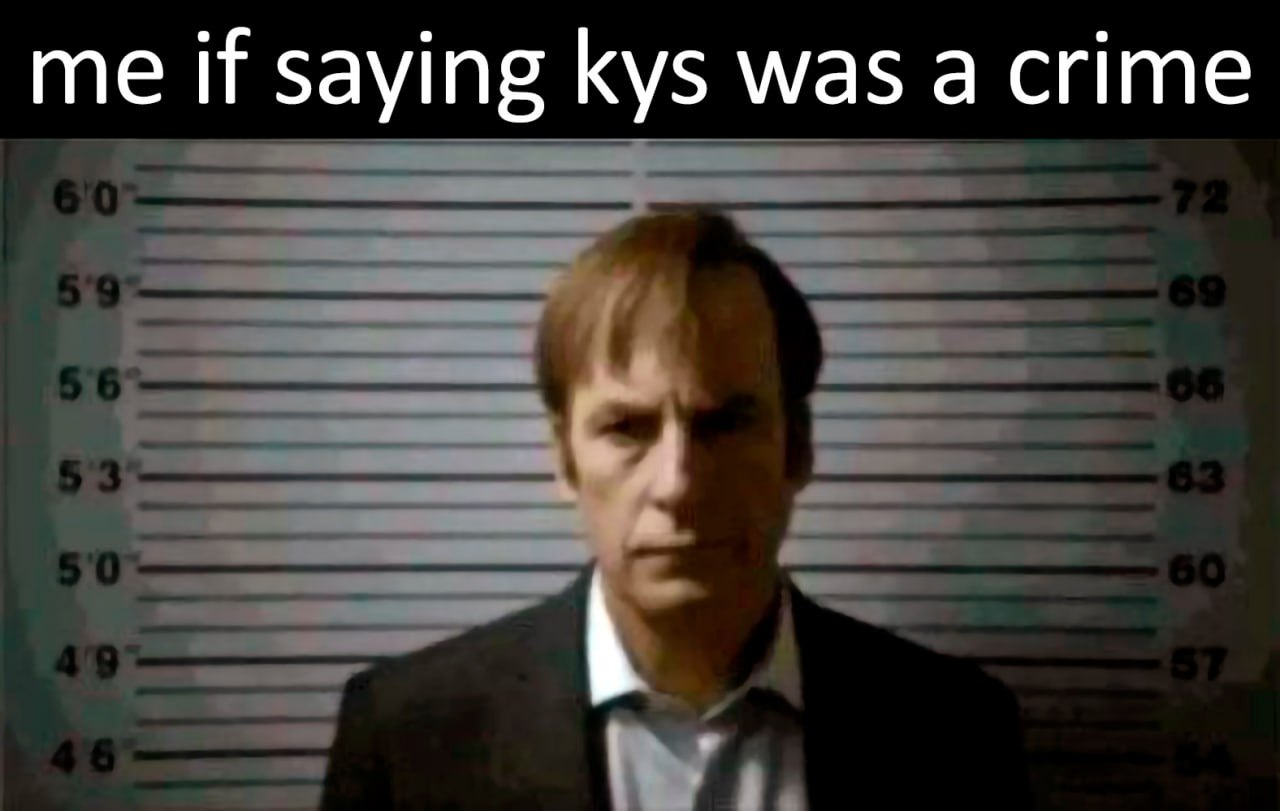 Me if saying kys was a crime Мем с Солом Гудманом в полицейском участке и надписью "me if saying kys was a crime".