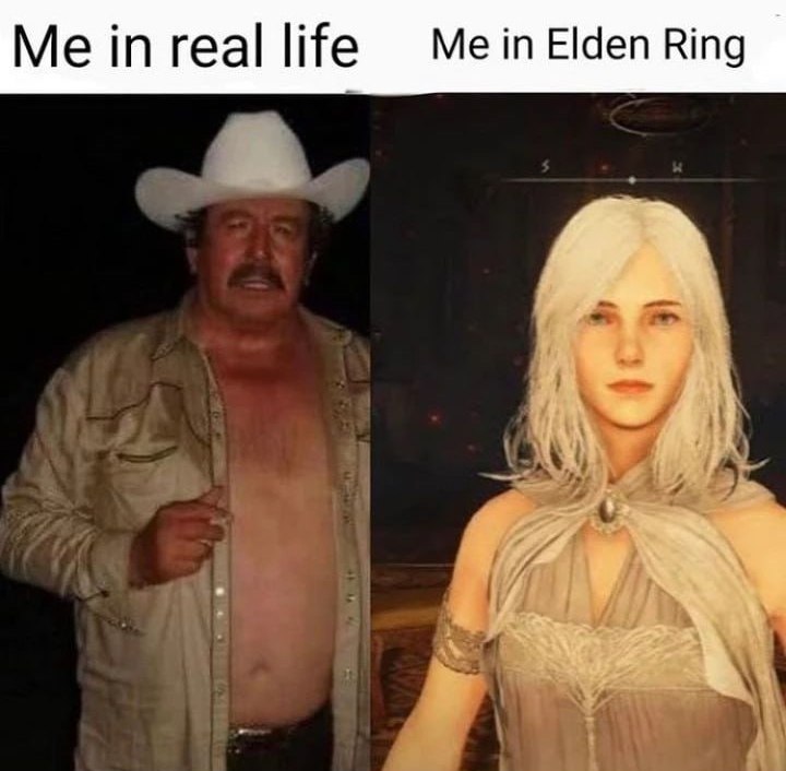 Я в реальной жизни, я в Elden Ring Мем с мужчиной в реальной жизни и его красивым аватаром из игры Elden Ring