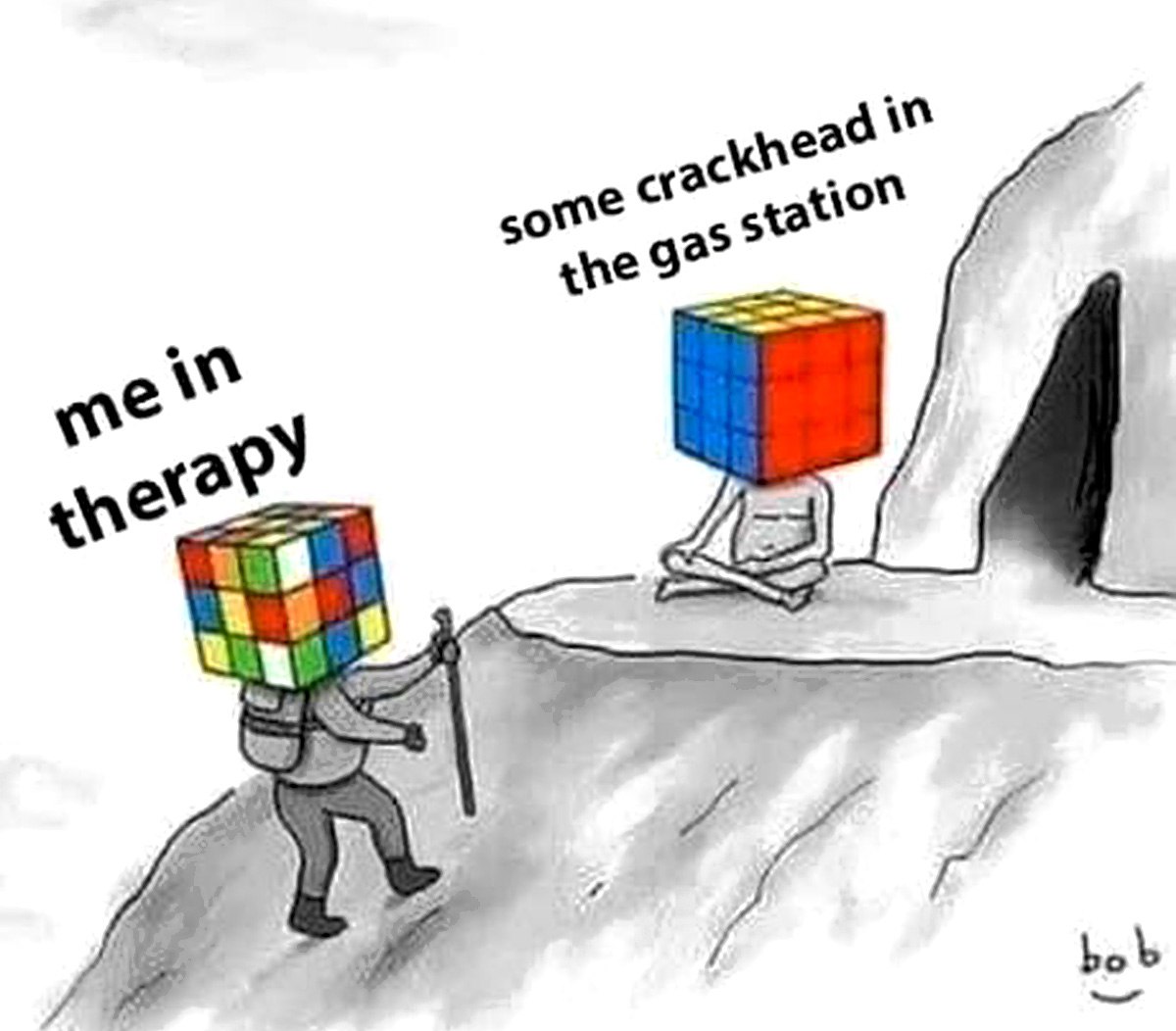 Me in therapy vs some crackhead Два человека с кубиками Рубика вместо голов, один из которых сидит в медитативной позе, а другой поднимается в гору.