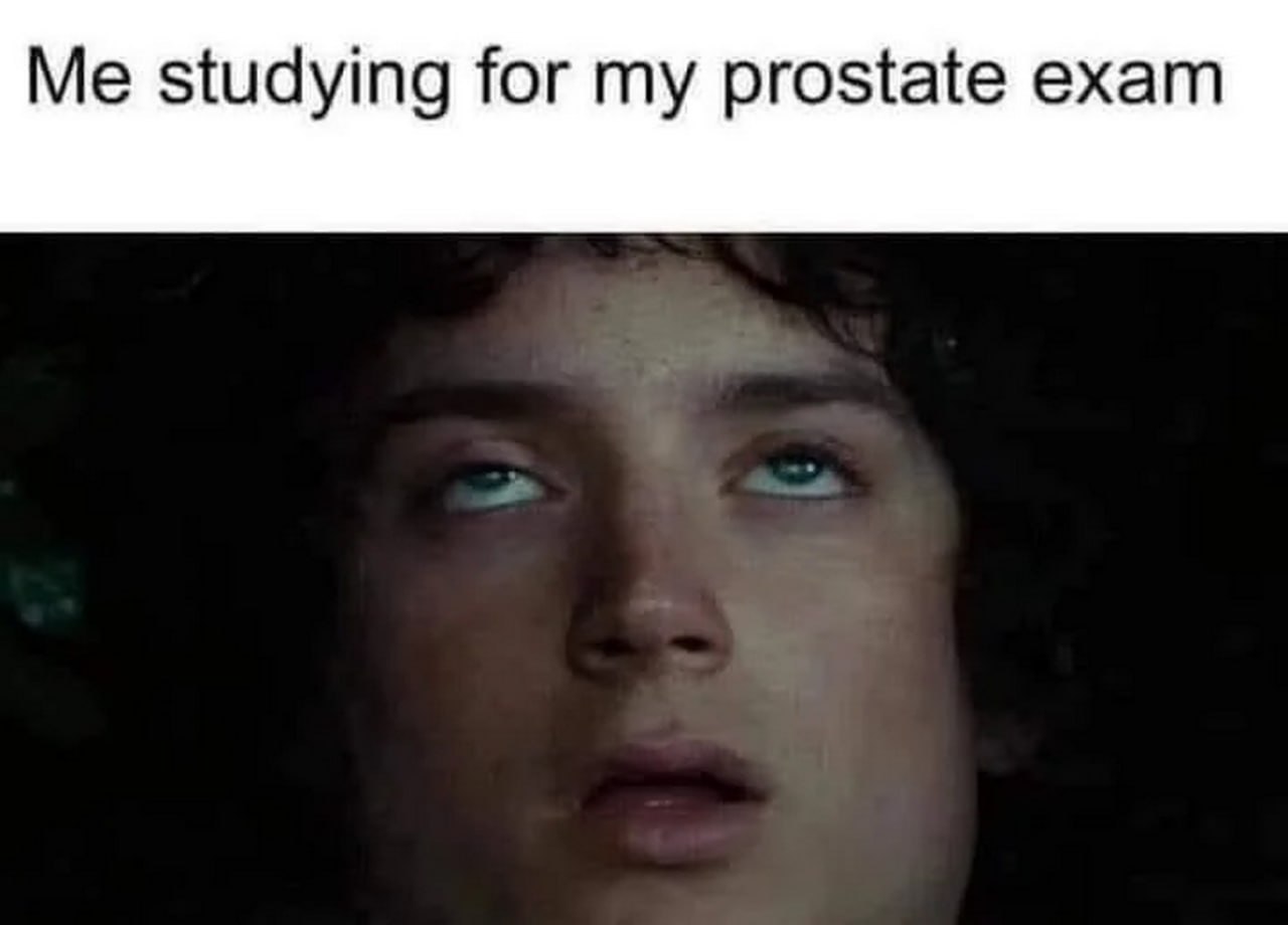 Me studying for my prostate exam Мем с Фродо, который готовится к осмотру простаты.