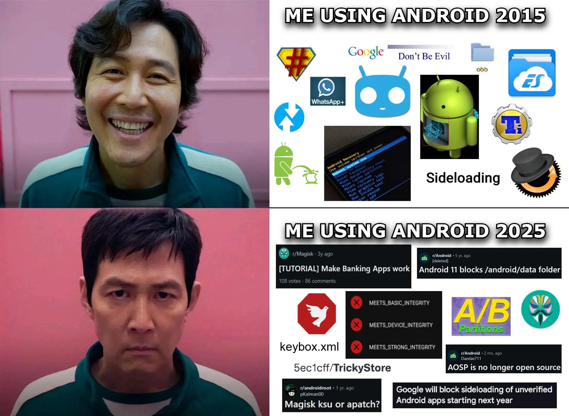 ME USING ANDROID 2015 vs ME USING ANDROID 2025 Мем про сравнение опыта использования Android в 2015 и 2025 годах, где сверху довольный человек, а снизу – расстроенный