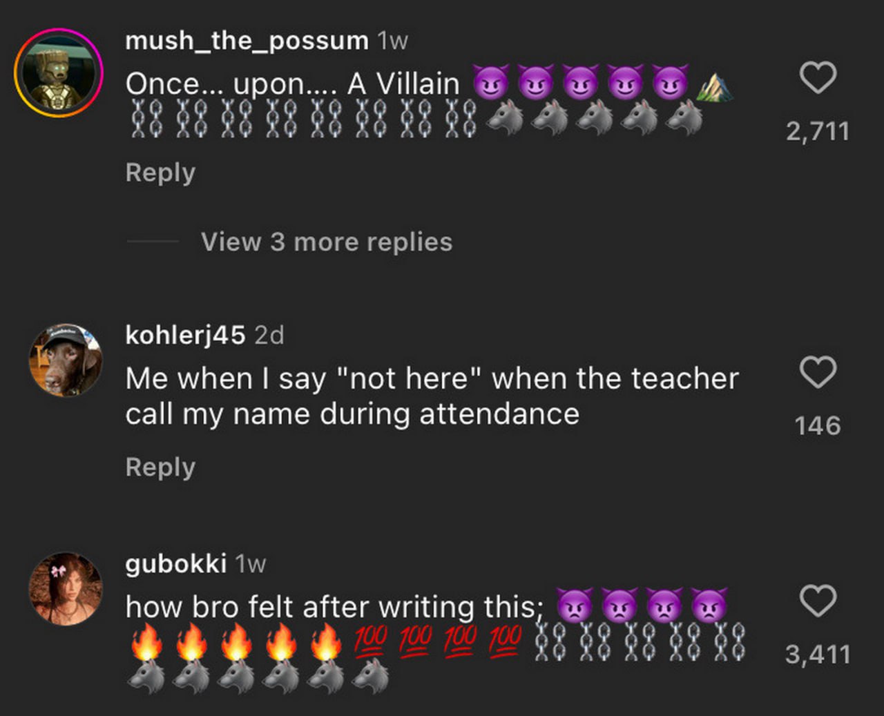 Me when I say "not here" Мем, где пользователь Инстаграма делится тем, что он чувствует, когда говорит "not here" ("не здесь") на перекличке в школе.