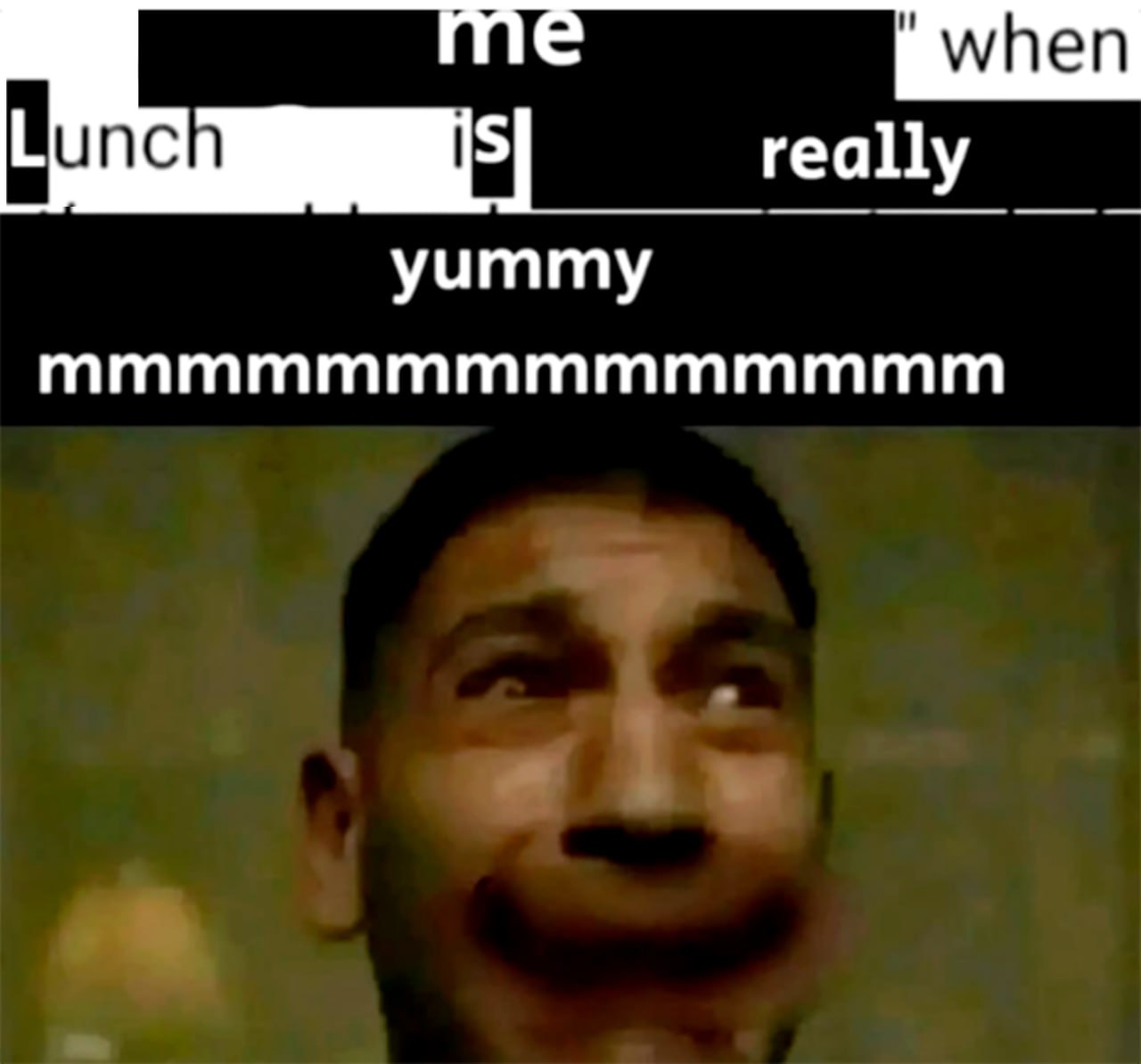 Me when lunch is really yummy Мем с мужчиной, который наслаждается очень вкусным обедом и издает звуки удовольствия.