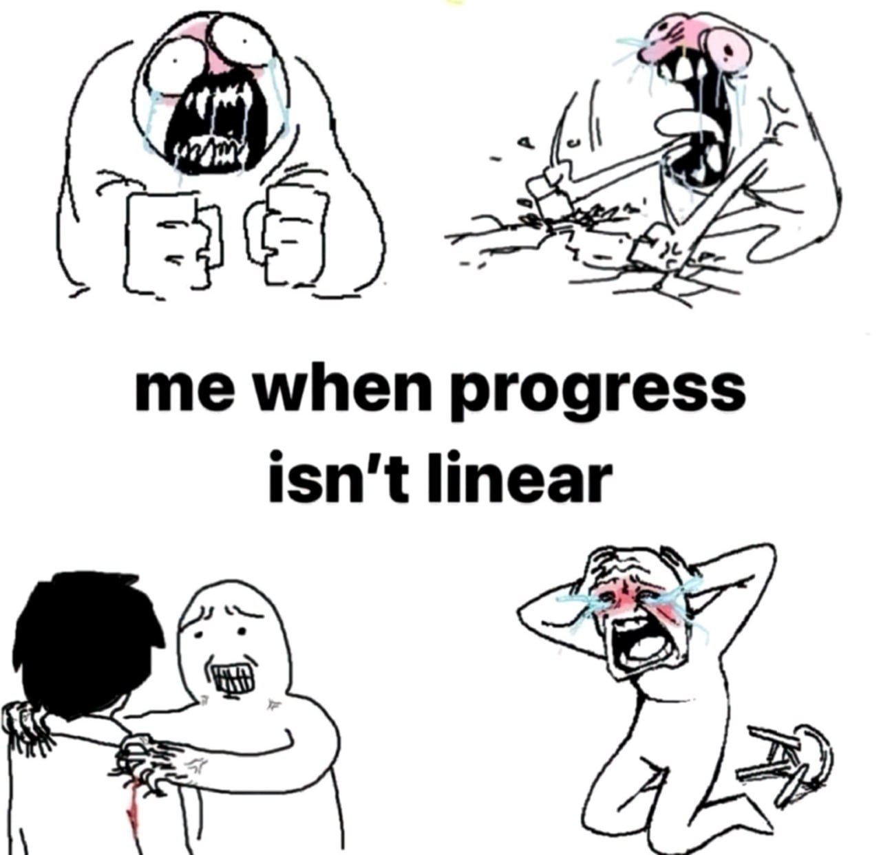 Me when progress isn't linear Плачущая фигура и текст "me when progress isn't linear"