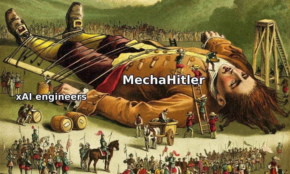 Гигантская фигура с подписями «xAI engineers» и «MechaHitler», вокруг которой суетятся маленькие люди