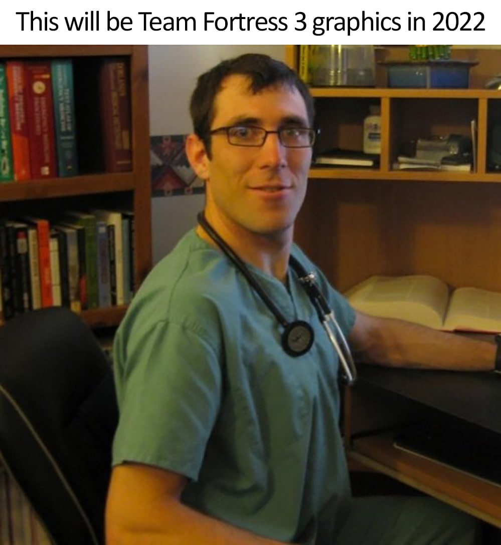 Медик Team Fortress 3 Мем с медиком из Team Fortress 3, который на самом деле обычный человек в медицинской форме со стетоскопом, сидящий за столом с книгами.