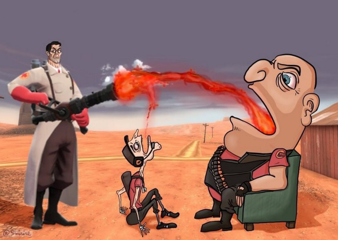 Медик из Team Fortress 2 лечит Скаута и Хэви Медик из Team Fortress 2 лечит Скаута и Хэви, при этом большая часть лечения достается Хэви, а Скаут остается голодным и истощенным