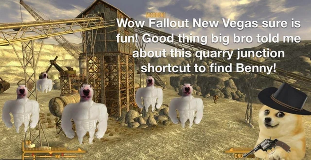 Мем про Уолтера в Fallout New Vegas Мем с собакой Доге в ковбойской шляпе и Уолтерами из Fallout New Vegas.