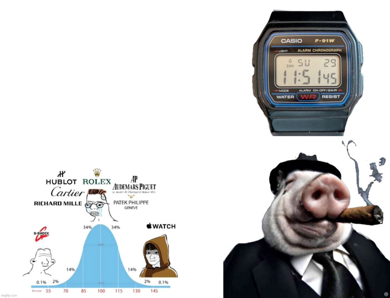 Мем со свиньей и часами Casio F-91W Мем, где Casio F-91W выбирает свинья в костюме с сигарой, а остальные часы находятся на графике.