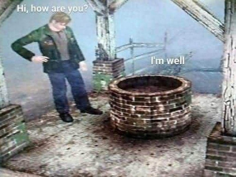 Мем с колодцем Hi how are you Мем, где человек спрашивает у колодца «Hi, how are you?», а колодец отвечает «I'm well»