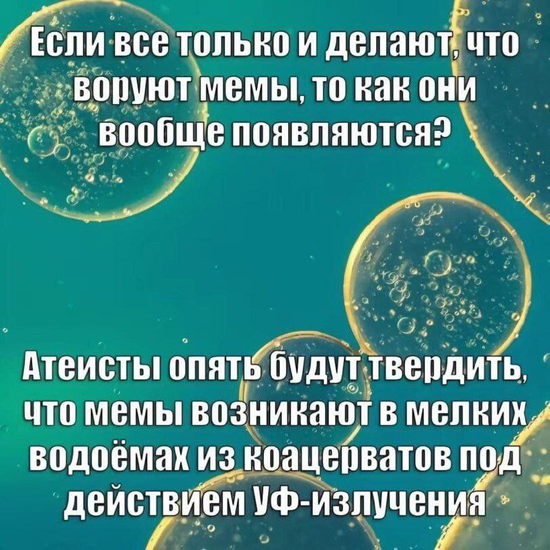 Мемы возникают в водоёмах Если все воруют мемы, то как они вообще появляются? Атеисты опять будут твердить, что мемы возникают в мелких водоёмах из коацерватов под действием УФ-излучения