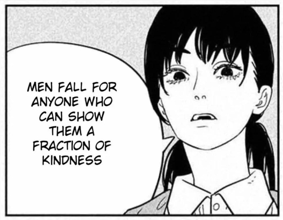 Девушка из манги с фразой «Men fall for anyone who can show them a fraction of kindness» про то, что мужчины влюбляются в тех, кто проявит к ним немного доброты.