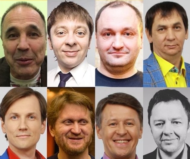 Мужчины, похожие друг на друга Коллаж из восьми фотографий различных мужчин, похожих друг на друга, с
разными прическами и выражениями лиц.
