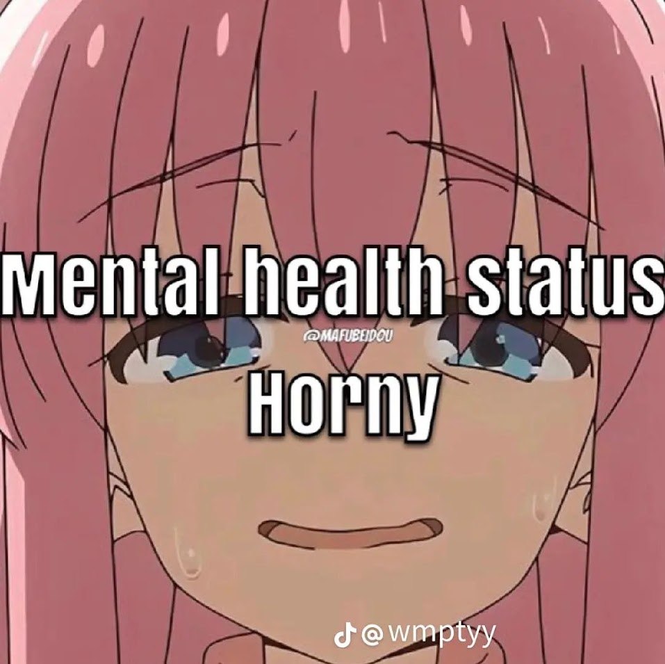 Смущённая аниме-девушка с надписью «Mental health status: Horny» — шуточное описание психического состояния.