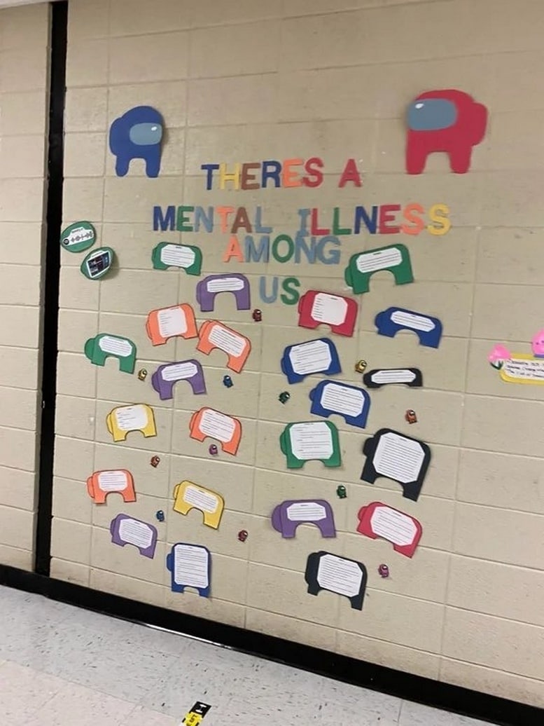 Mental illness among us Мем с надписью Theres a mental illness among us и персонажами Among Us на стене