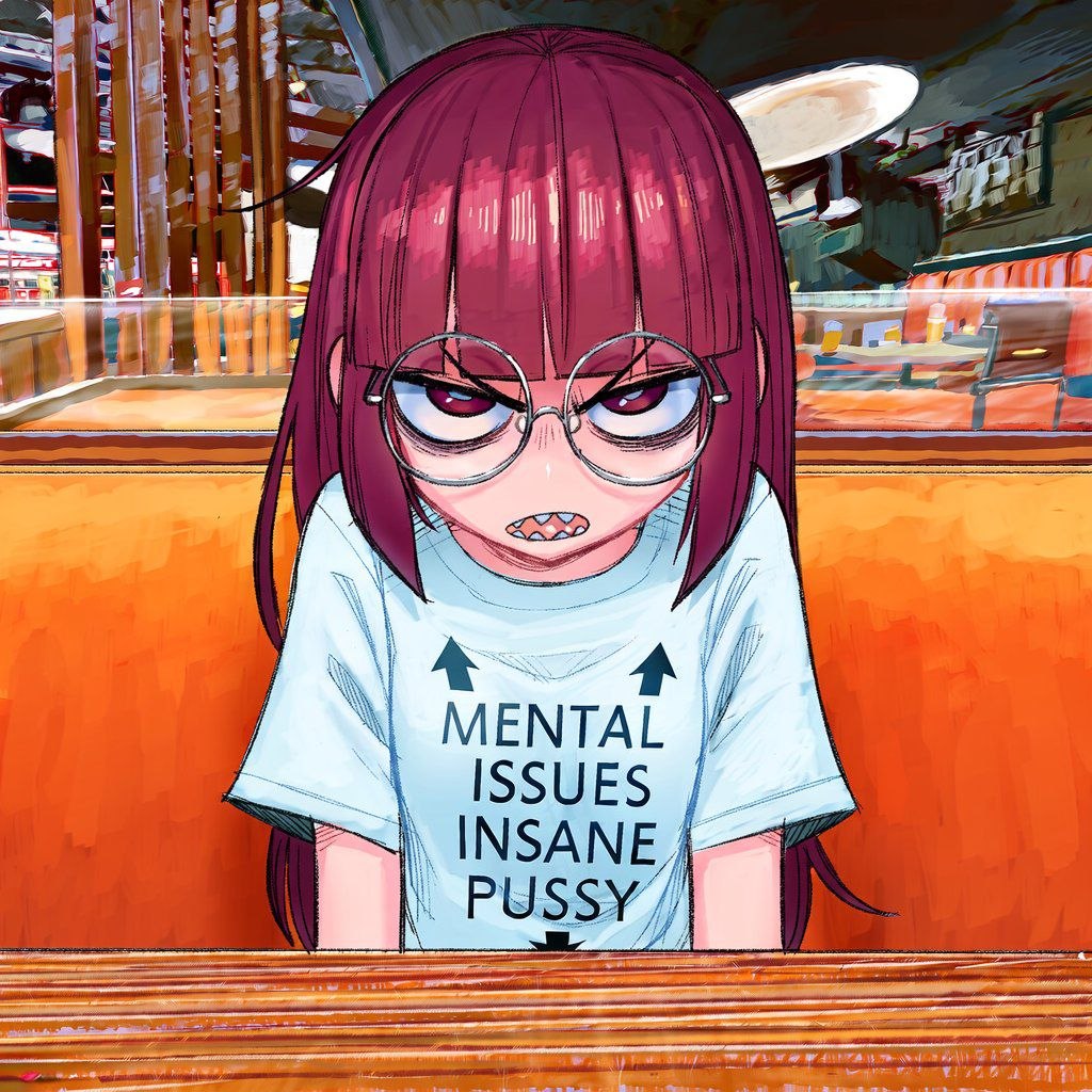 Раздражённая аниме-девушка в очках и футболке с надписью «Mental Issues Insane Pussy» сидит за столом в кафе.