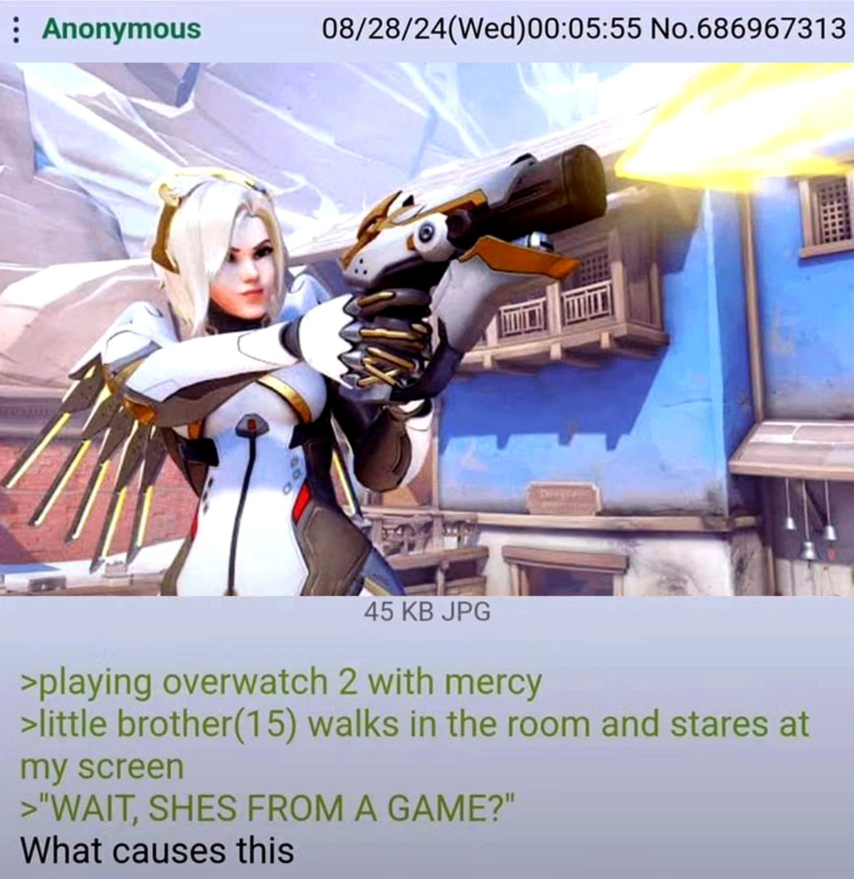 Мерси из Overwatch 2 "WAIT, SHES FROM A GAME?" Мерси из Overwatch 2, у которой маленький брат спрашивает: «Она что, из игры?»
