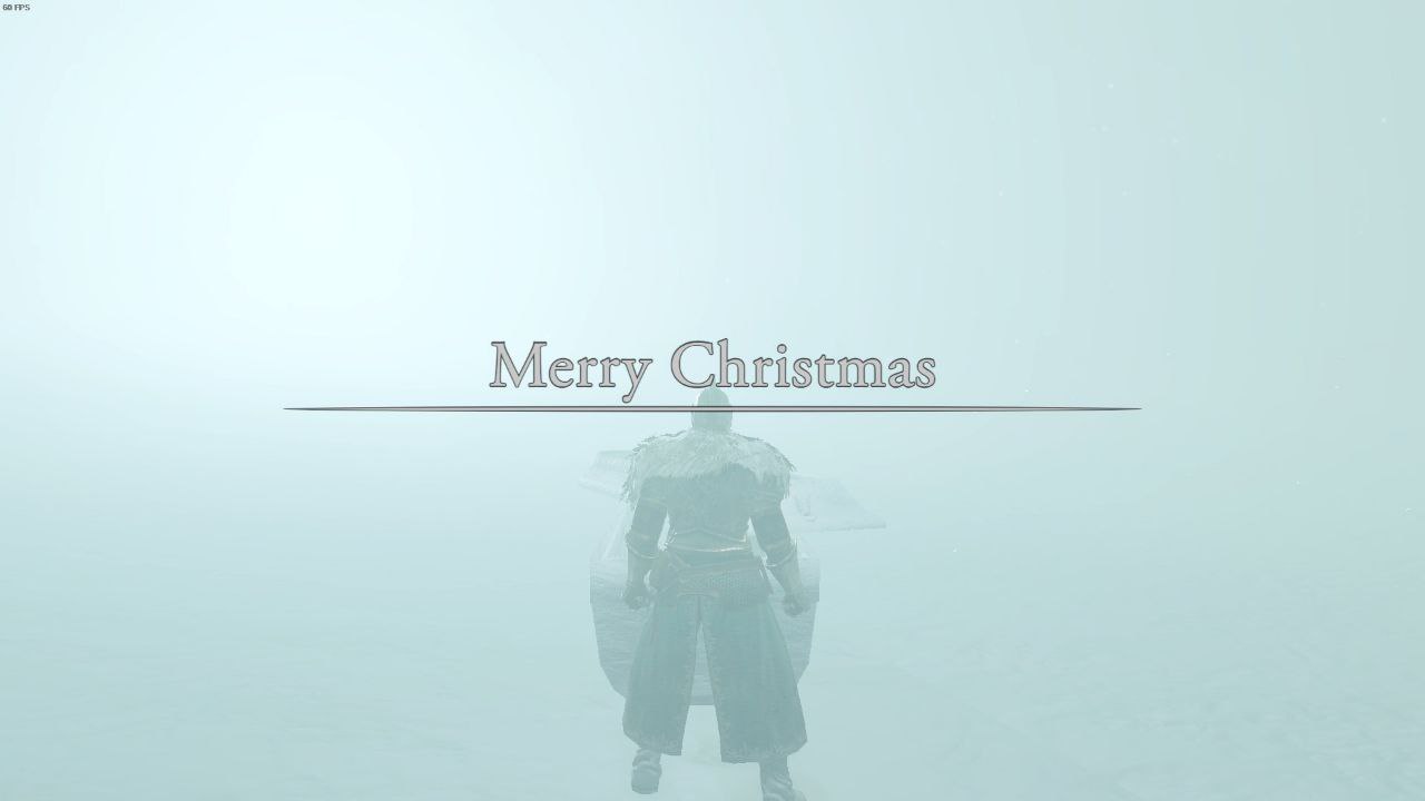 Merry Christmas из игры Заснеженный пейзаж из игры, с надписью "Merry Christmas" и силуэтом персонажа, идущего в тумане