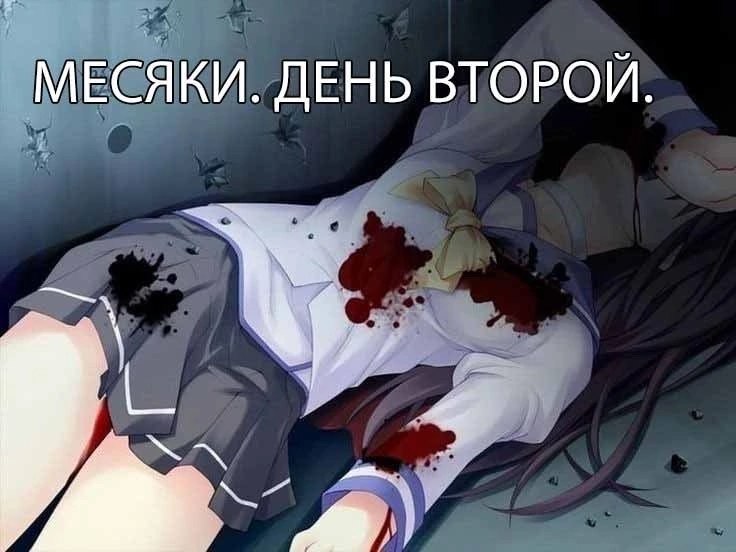 Месяки. День второй Мем с надписью «Месяки. День второй» и лежащей аниме-девочкой в крови