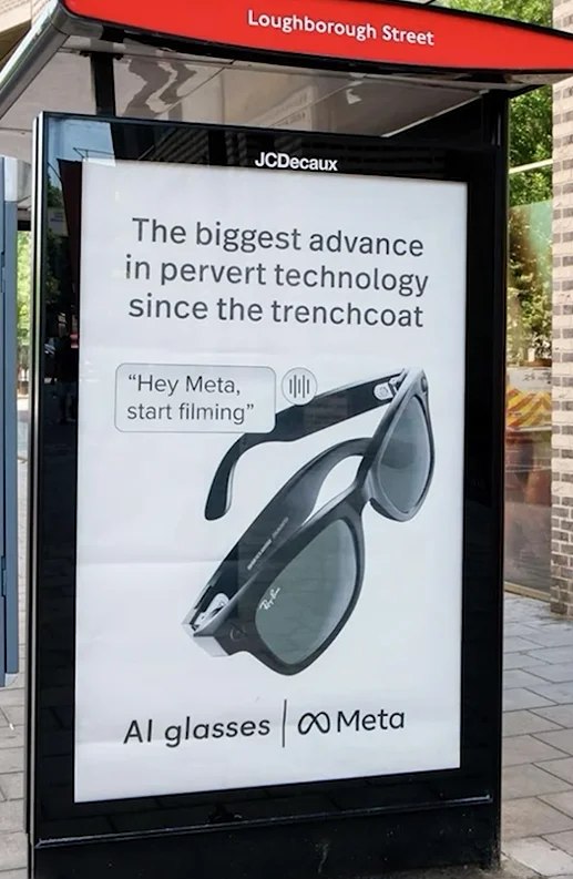 Пародийная реклама умных очков Meta с фразой «The biggest advance in pervert technology since the trenchcoat» и подписью «Hey Meta, start filming».