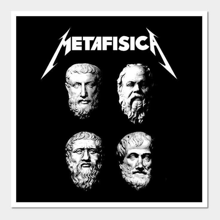 Пародия на логотип Metallica с надписью «METAFISICA» и четырьмя бюстами античных философов на черном фоне.