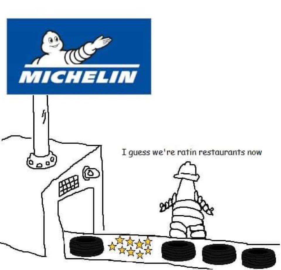 Логотип Michelin с человечком и подписью «I guess we’re rating restaurants now» на фоне шин и звезд