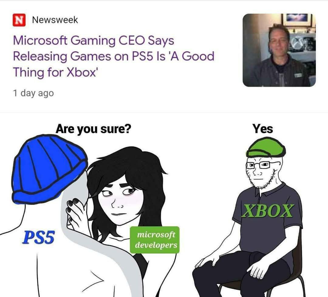 Microsoft Gaming CEO говорит, что выпуск игр на PS5 - это "хорошо для Xbox" Мем с надписью "Вы уверены?" и персонажами, которые представляют PS5, разработчиков Microsoft и Xbox, на фоне заголовка новости "Генеральный директор Microsoft Gaming говорит, что выпуск игр на PS5 - это 'хорошо для Xbox'".