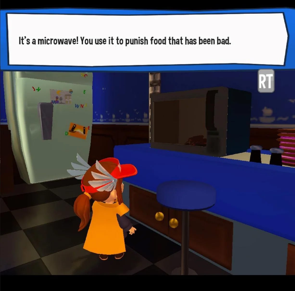 Микроволновка для наказания еды Кадр из игры A Hat in Time, на котором персонаж Ресничка в желтом плаще смотрит на микроволновку, а над ней появляется надпись с текстом: «Это микроволновка! Используется, чтобы наказывать плохое поведение еды».