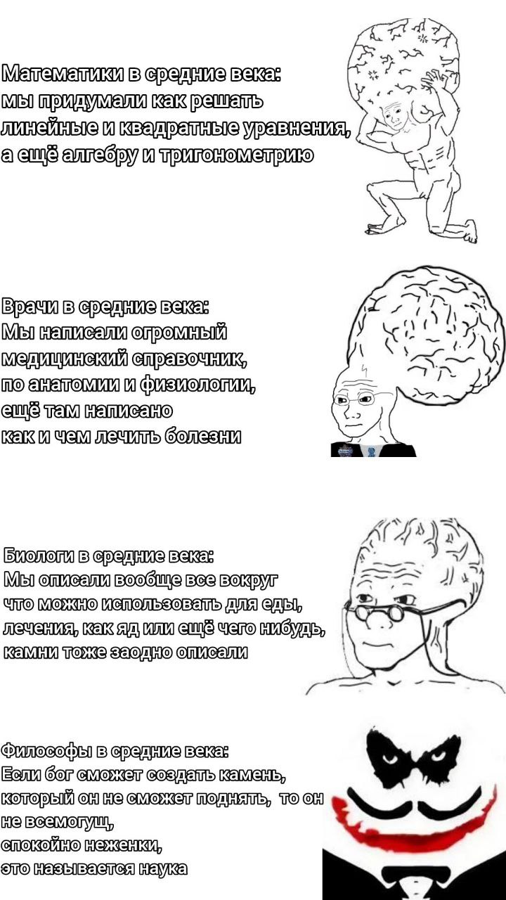 Если бог сможет создать камень, который он не сможет поднять Мем, где разные профессии в средневековье демонстрируют свои достижения, а философы рассуждают про Бога и камень.
