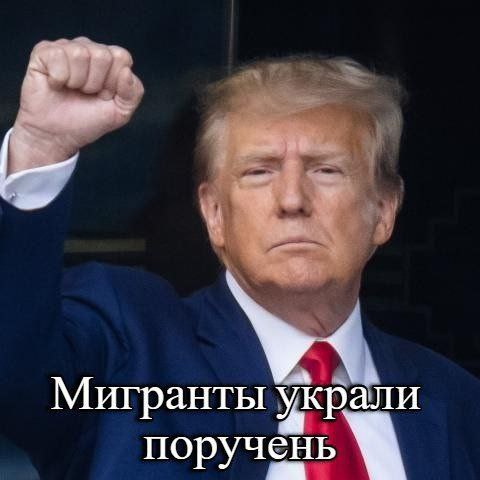 Мигранты украли поручень Дональд Трамп с серьезным лицом показывает кулак вверх, а на изображении написано "Мигранты украли поручень".