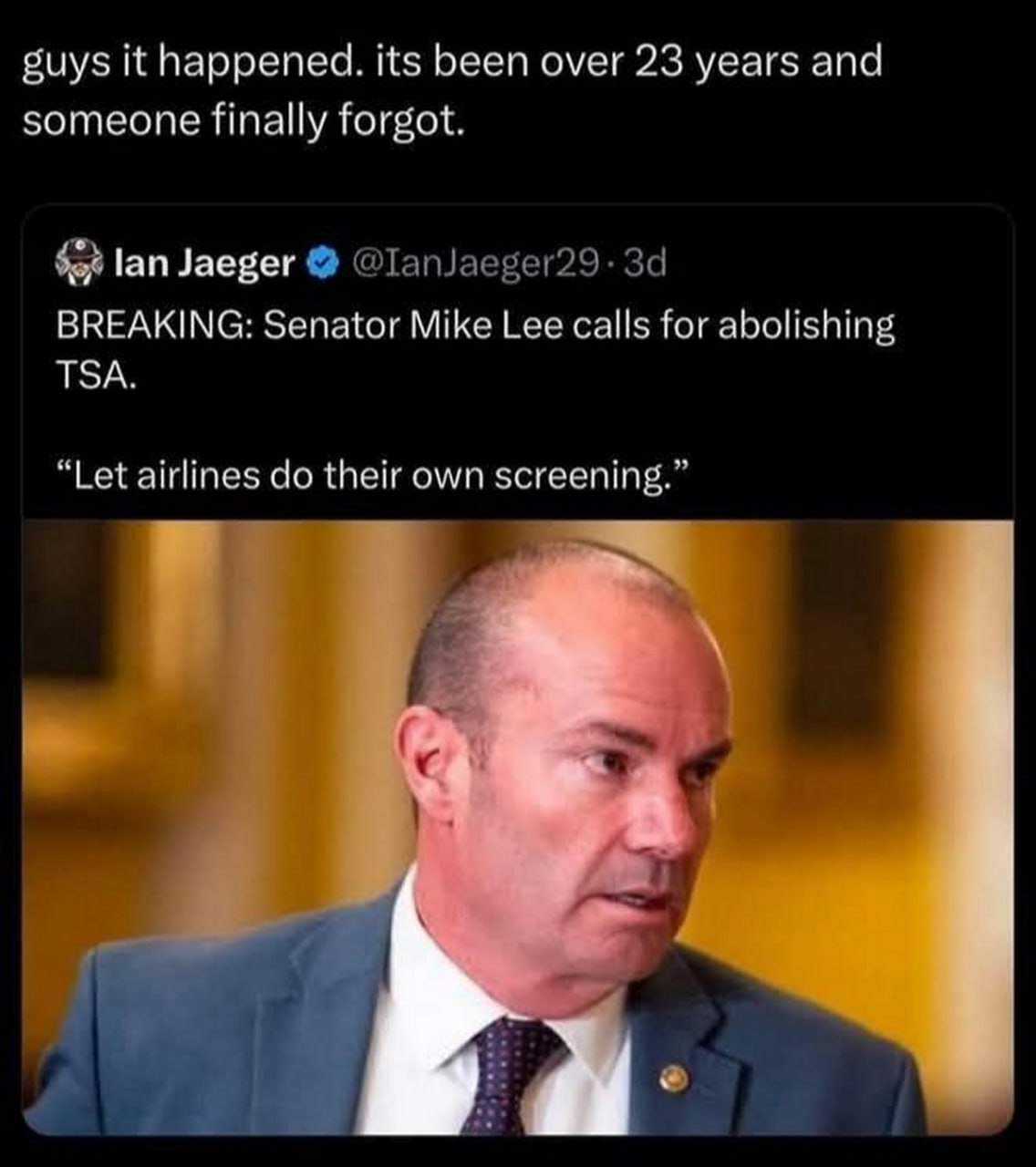 Mike Lee calls for abolishing TSA Американский сенатор Майк Ли призывает упразднить Управление транспортной безопасности (TSA) и вернуть проверку в аэропортах авиакомпаниям.