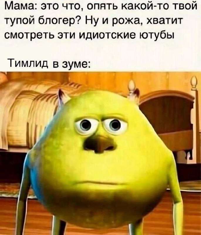 Майк Вазовский в зуме Майк Вазовский из мультфильма "Корпорация монстров" сидит за столом и смотрит на камеру с серьезным, немного недовольным выражением лица. Подпись на картинке сверху: "Мама: это что, опять какой-то твой тупой блогер? Ну и рожа, хватит смотреть эти идиотские ютубы. Тимлид в зуме:".